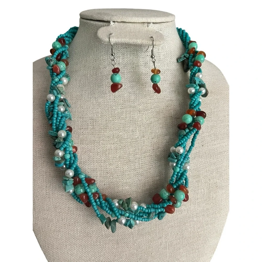 Twisted Multi strand Beaded Necklace Earring Set Amber TURQUOISE Howlite Pearl